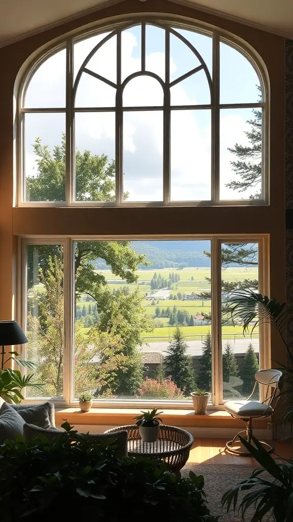 A large Art Deco window showcasing a view of green hills and trees, bringing the outdoors into a cozy living space.