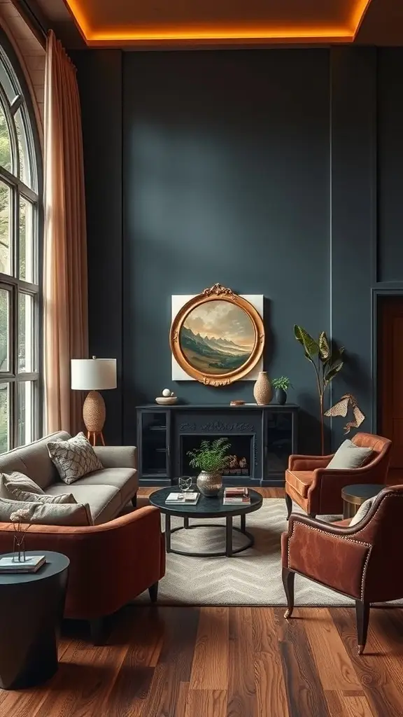 A cozy living room featuring Art Deco style with earthy hues, showcasing a mix of dark blue walls, warm-toned furniture, and natural elements.