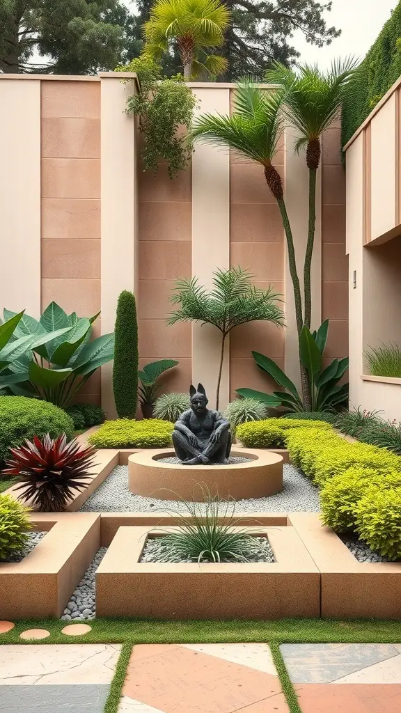 A beautifully designed Art Deco garden featuring geometric shapes, lush greenery, and a central statue.