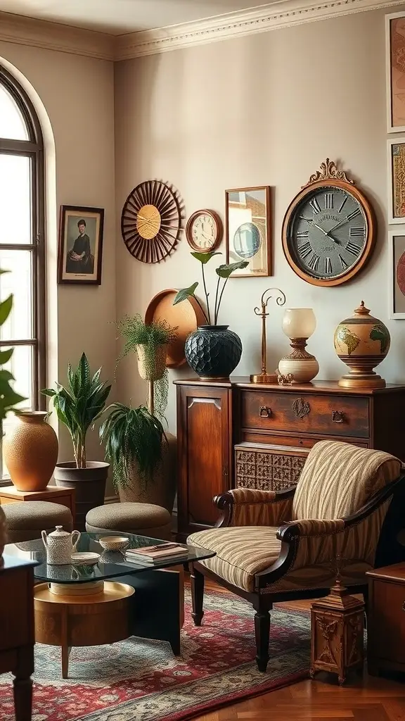A cozy living room featuring vintage furniture, earthy decor, and natural elements.