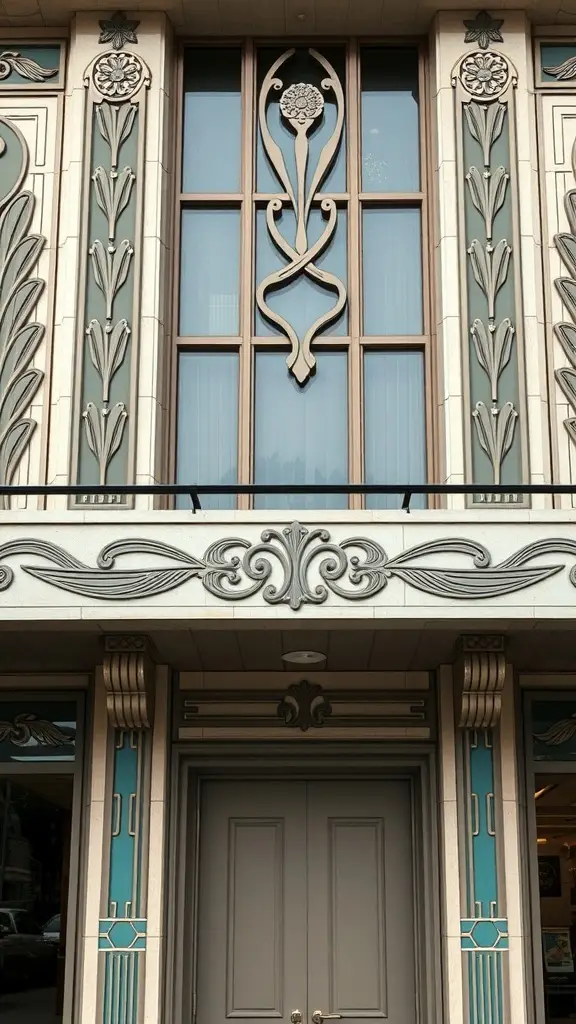 Art Deco architectural details featuring floral motifs and earthy tones.