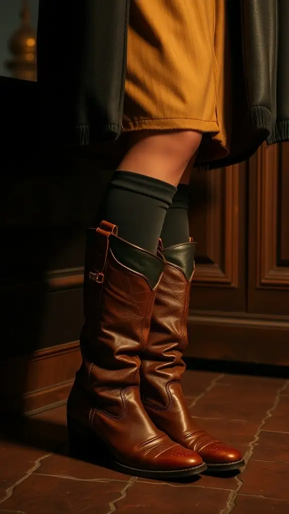 A pair of worn leather boots styled with a flowy dress, showcasing a boho look.