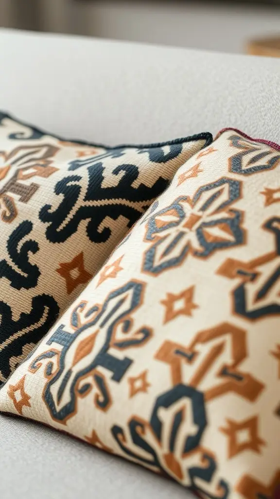 Close-up of two patterned pillows with earthy tones and geometric designs