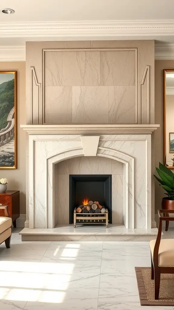 A stylish Art Deco fireplace with natural stonework and a cozy fire.