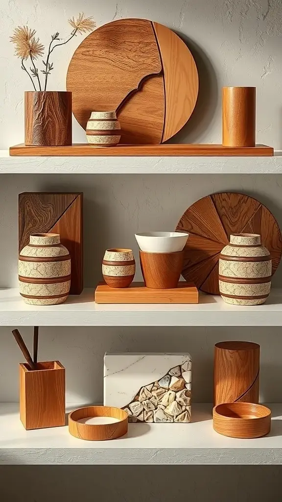 Wooden accessories arranged with dried flowers in vases, showcasing a blend of Art Deco and natural elements.