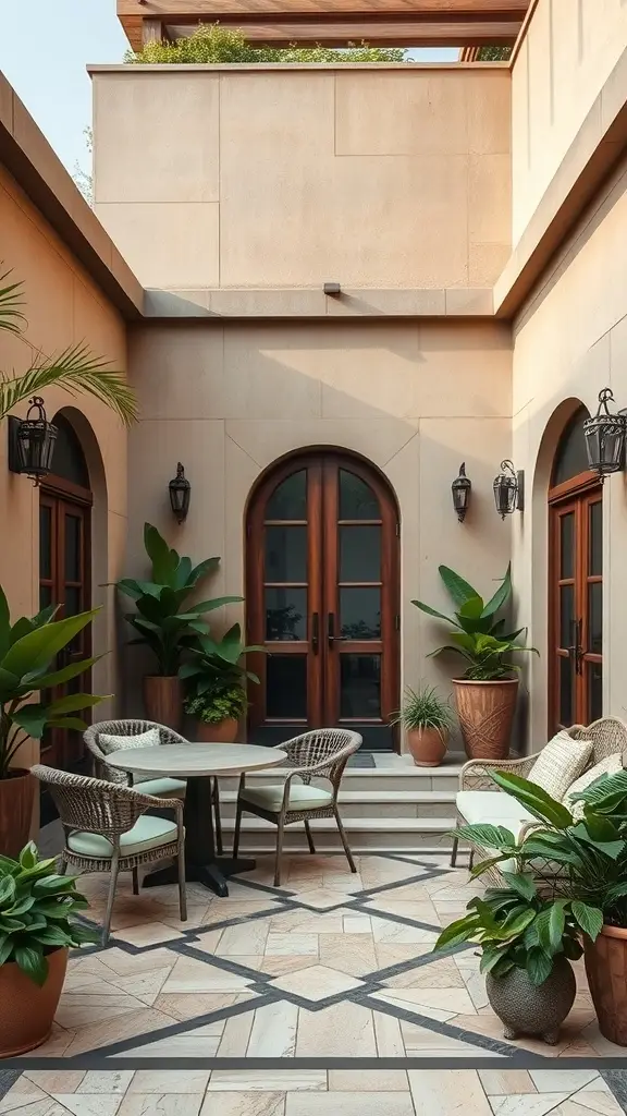 A stylish outdoor patio featuring stone walls, wooden doors, and lush greenery.