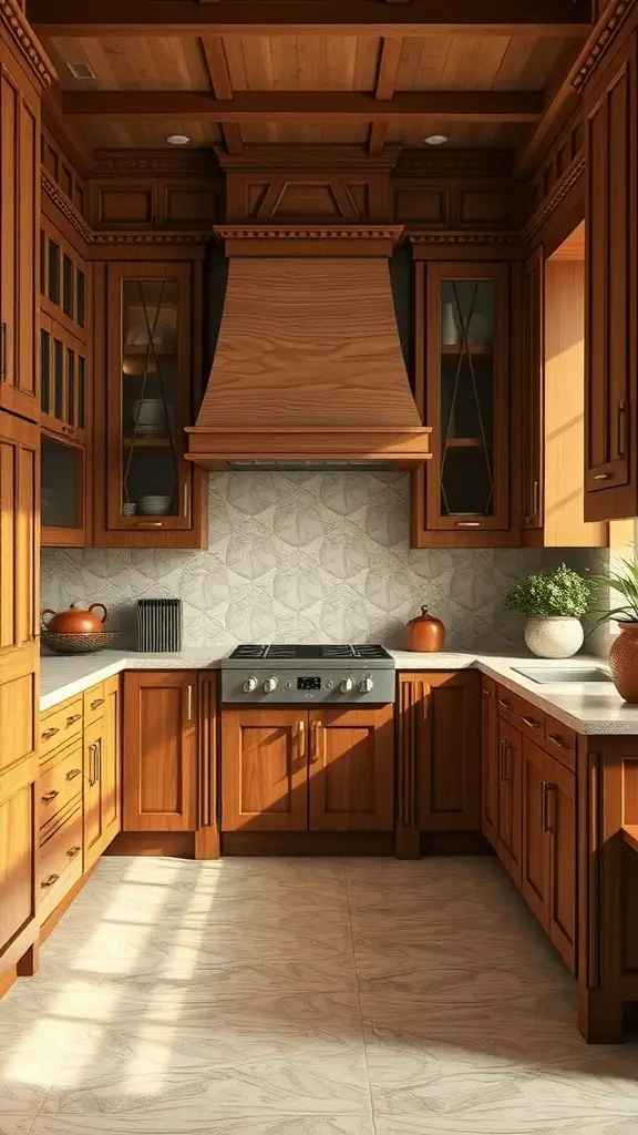 Art Deco kitchen featuring wooden cabinetry, modern appliances, and natural decor elements.