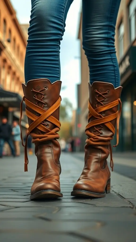 A close-up of stylish brown leather Boho boots worn with skinny jeans, showcasing their unique design and earthy tones.