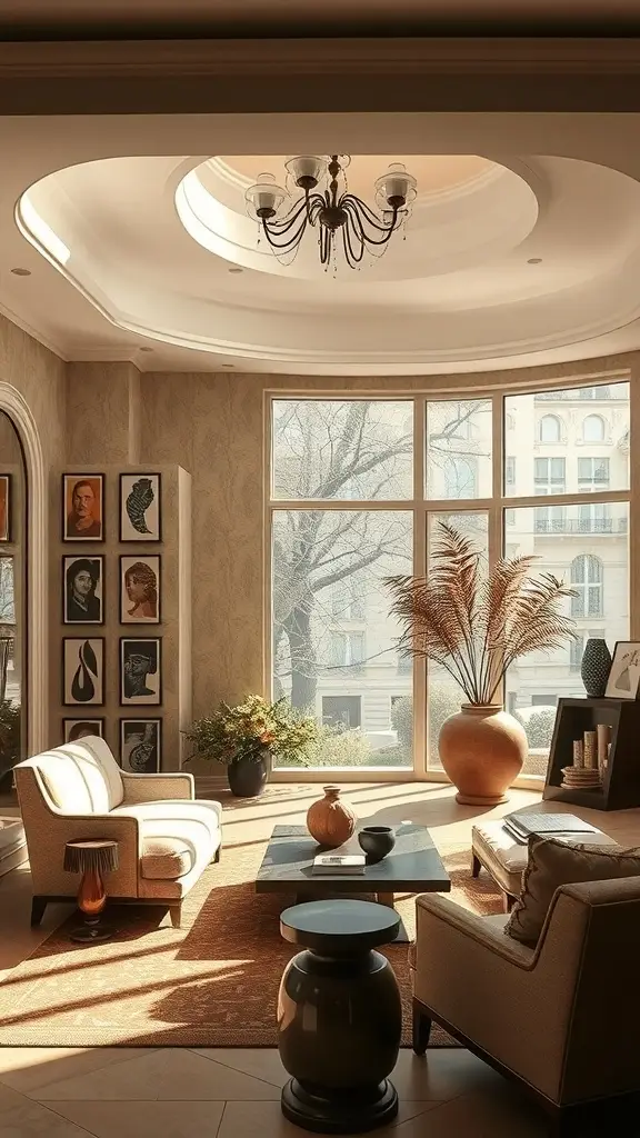 A bright Art Deco interior featuring large windows, elegant furniture, and a staircase, showcasing natural light.