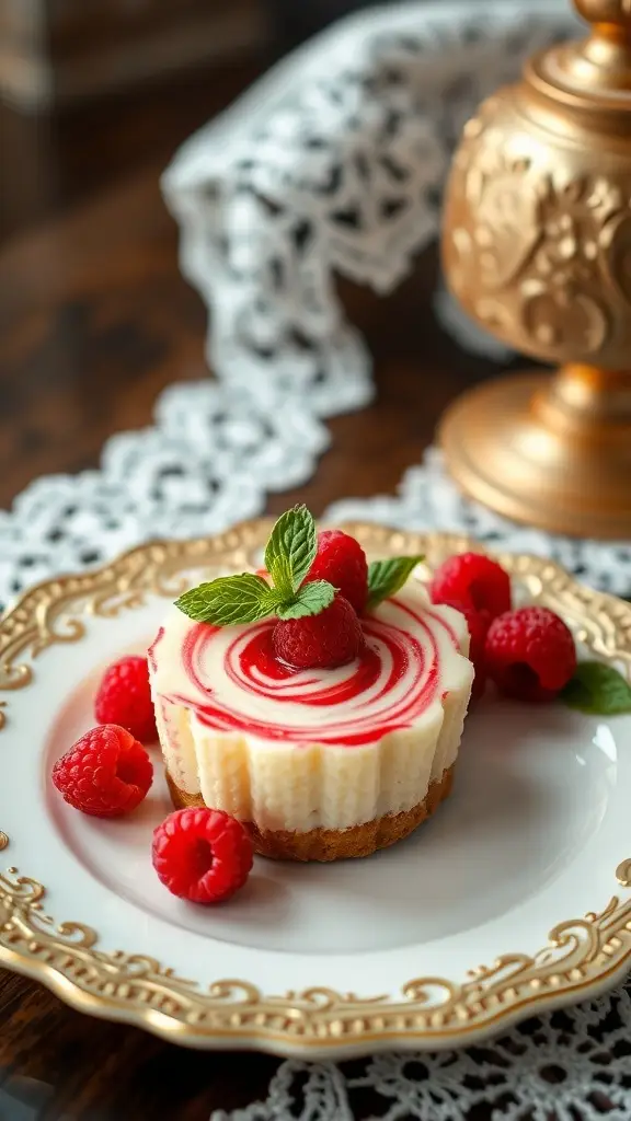 Mini egg cheesecake with raspberry swirl, garnished with raspberries and mint leaves on a decorative plate.