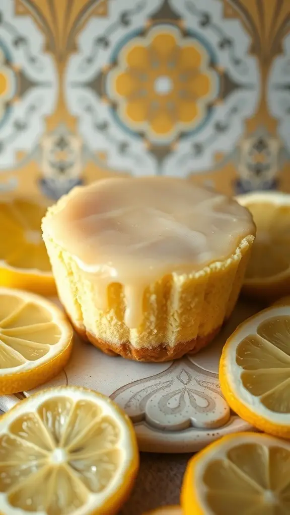 Classic mini egg cheesecake topped with lemon glaze and surrounded by lemon slices.