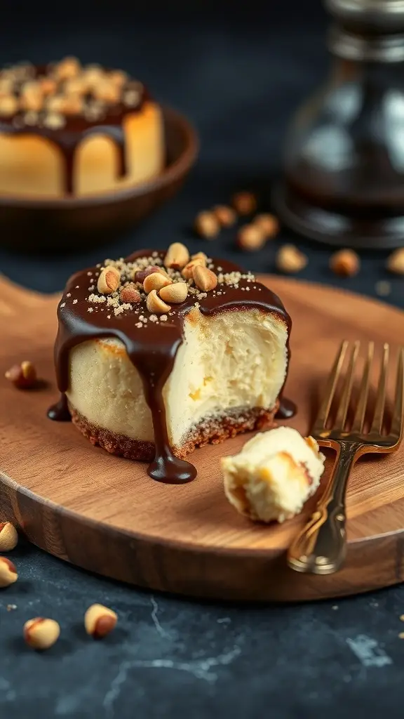 Chocolate Hazelnut Mini Egg Cheesecake with chocolate drizzle and hazelnuts