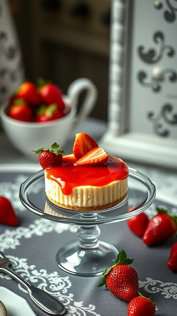 Mini egg cheesecake topped with strawberry coulis and fresh strawberries