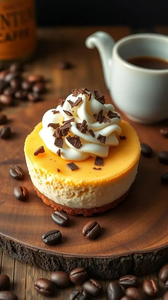 A delicious Hazelnut Coffee Mini Egg Cheesecake topped with whipped cream and chocolate shavings, served with a cup of coffee.
