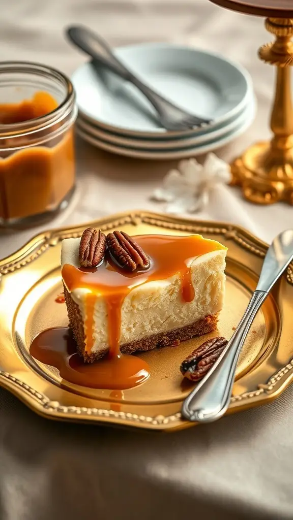 A slice of caramel pecan mini egg cheesecake on a golden plate, drizzled with caramel and topped with pecans.