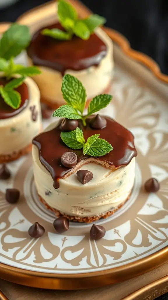 Mint Chocolate Chip Mini Egg Cheesecake topped with chocolate ganache and mint leaves