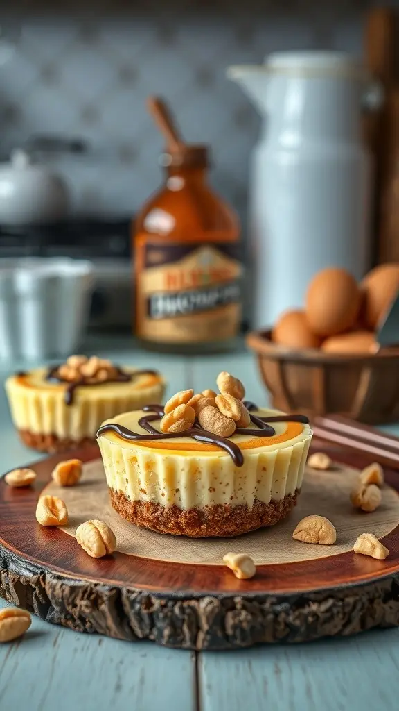 Peanut Butter Swirl Mini Egg Cheesecake on a wooden platter with peanuts and chocolate drizzle