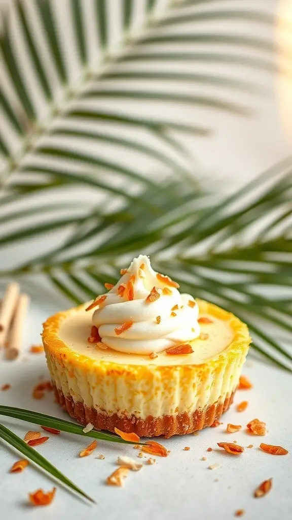 Coconut Cream Mini Egg Cheesecake topped with whipped cream and toasted coconut