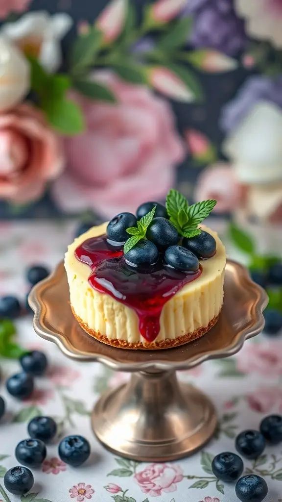 Blueberry Bliss Mini Egg Cheesecake on a decorative stand with blueberries and mint garnish