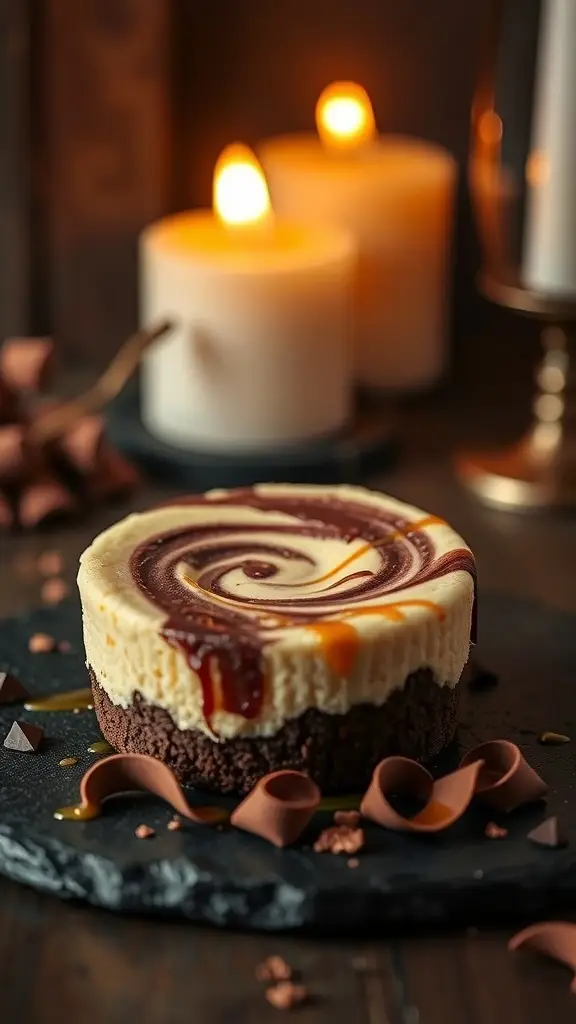 Marble brownie mini egg cheesecake with swirls of chocolate and caramel on a slate plate