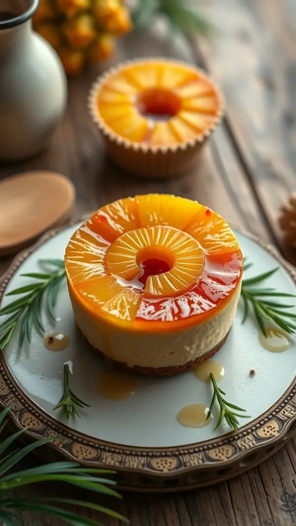 Pineapple Upside-Down Mini Egg Cheesecake on a decorative plate with pineapple slices on top
