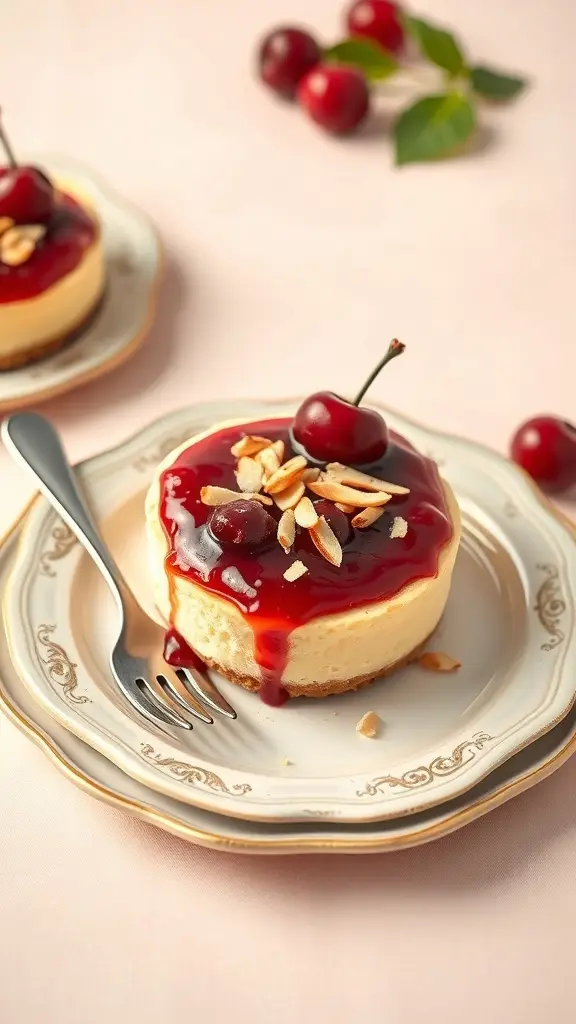 Cherry Almond Mini Egg Cheesecake topped with cherry filling and almonds