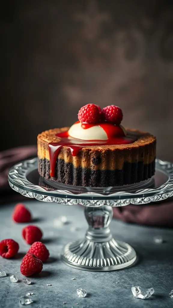 Dark Chocolate Raspberry Mini Egg Cheesecake topped with raspberries and raspberry sauce