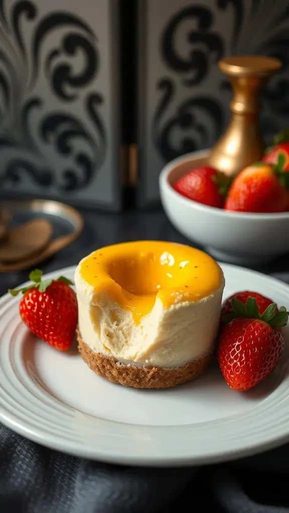 Mini egg cheesecakes with a golden topping and fresh strawberries on a white plate.