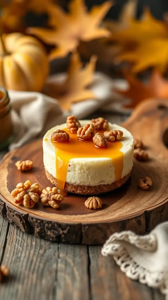 Maple Walnut Mini Egg Cheesecake on a wooden board with walnuts and syrup