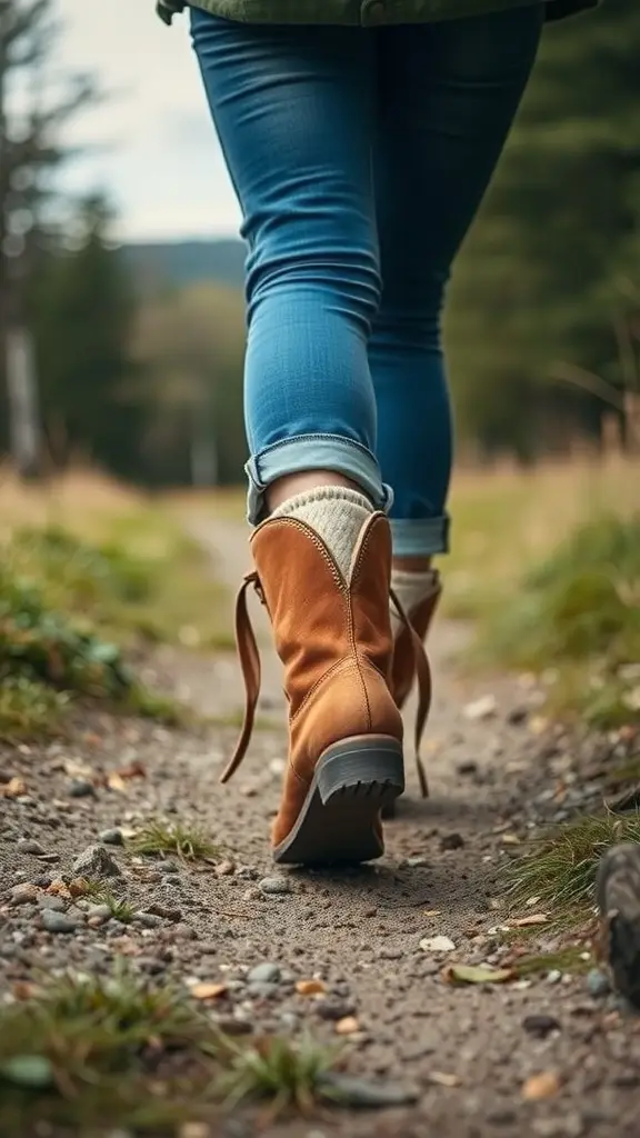 Person walking on a path wearing earthy-toned Boho boots and blue jeans.