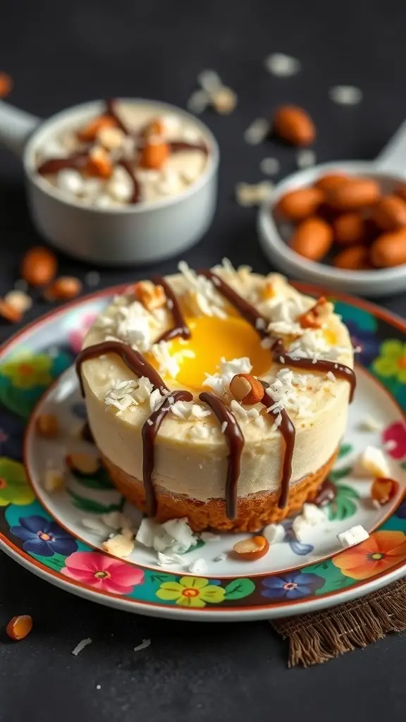 Almond Joy Mini Egg Cheesecake with chocolate drizzle and nuts on a colorful plate