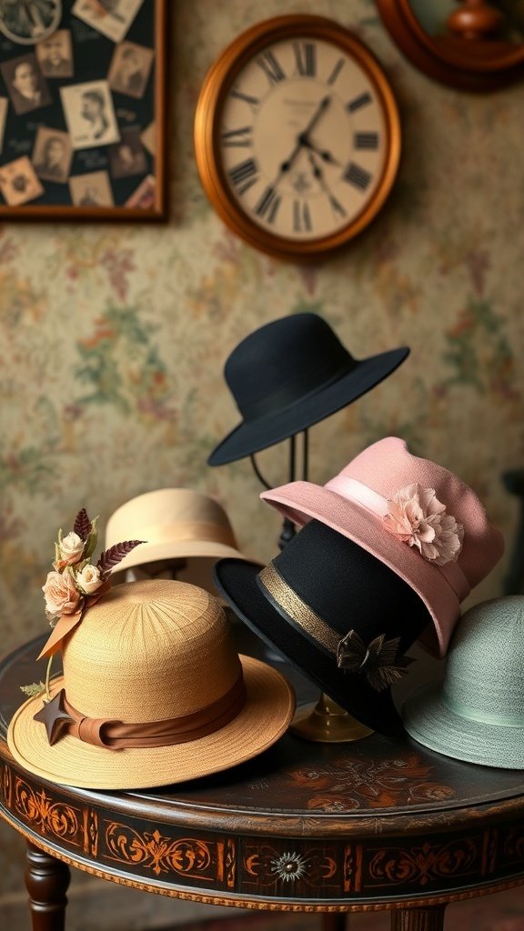 A collection of vintage cloche hats in various colors and styles displayed on a table, with a vintage clock and photographs in the background.