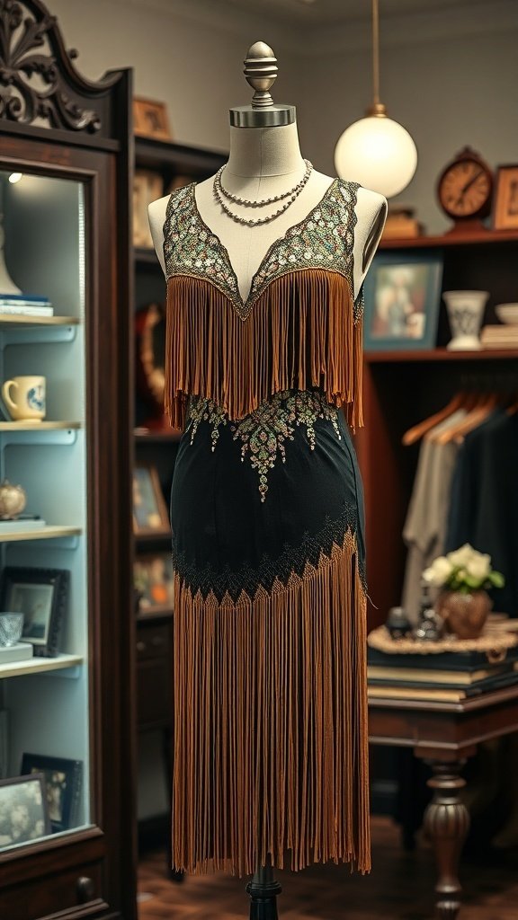 A vintage flapper dress displayed on a mannequin, featuring fringes and intricate beading.