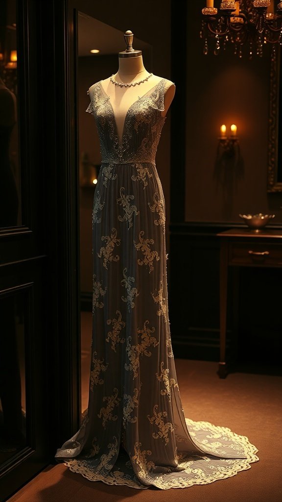 A vintage evening gown displayed on a mannequin, featuring intricate embroidery and a flowing silhouette.