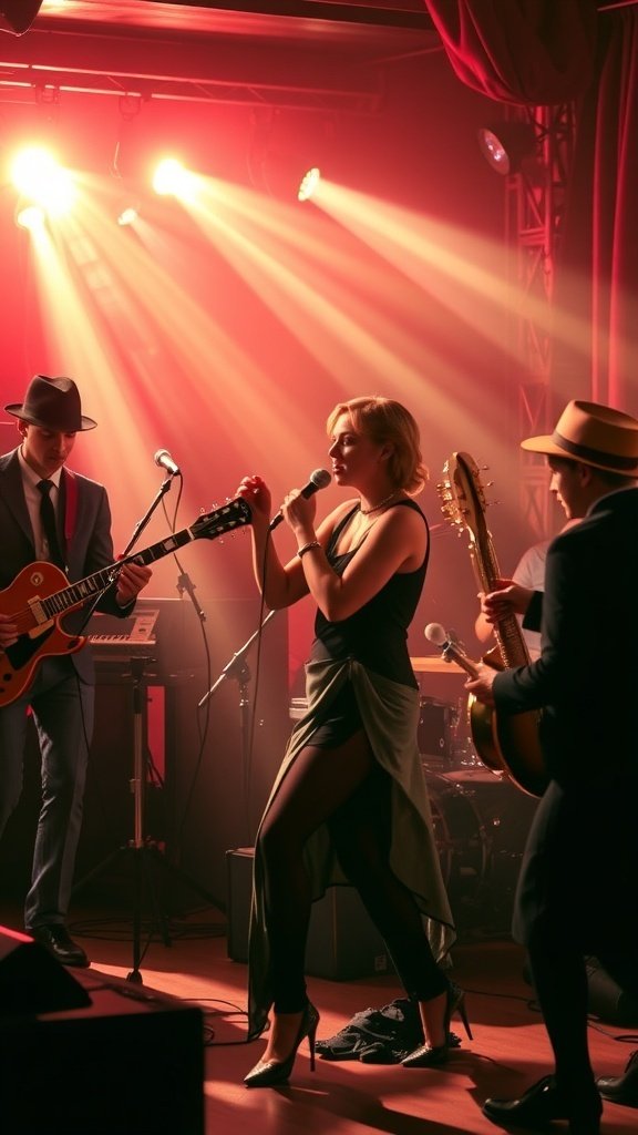 A jazz band performing in a lively setting, showcasing 1920s fashion with musicians in suits and women in flapper dresses.