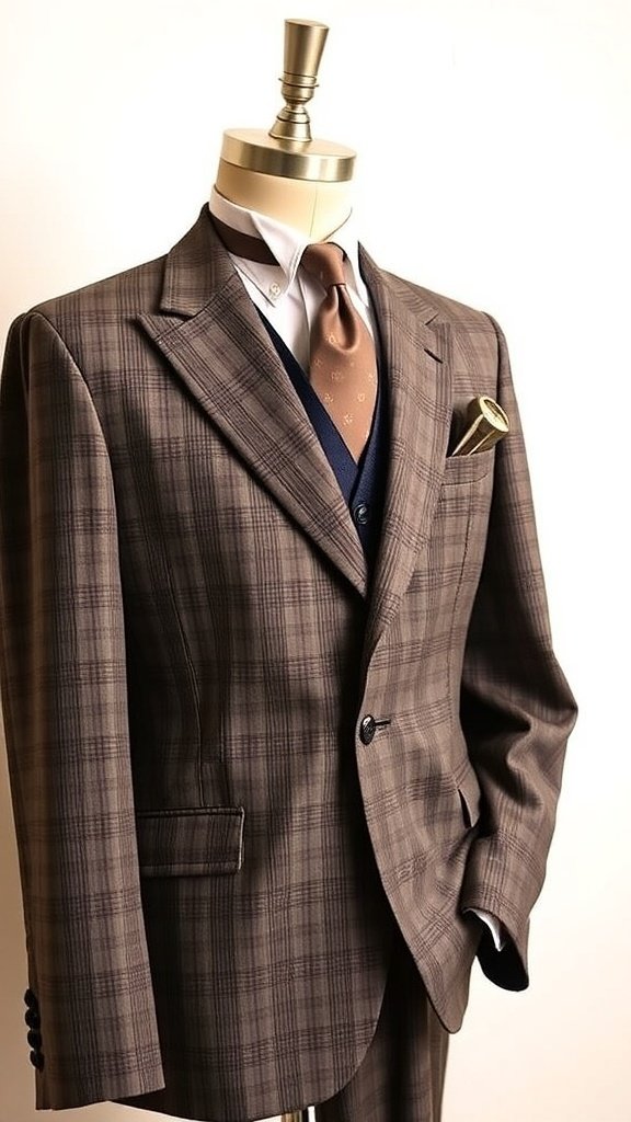 A vintage-style men's suit featuring a brown plaid pattern, sharp lapels, and a stylish tie.