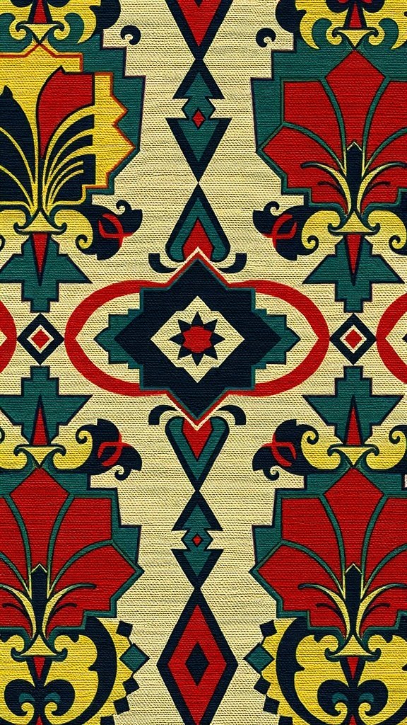 A vibrant Art Deco pattern featuring geometric shapes and floral motifs in red, green, and yellow.