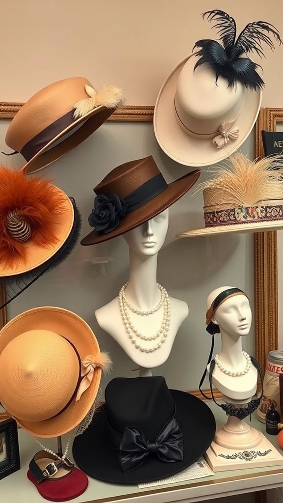 A display of vintage hats and accessories, showcasing various styles and embellishments.