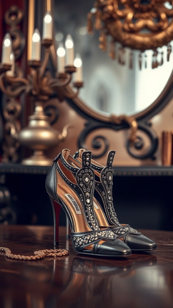 A pair of elegant black high heels with intricate detailing, set against a luxurious background.