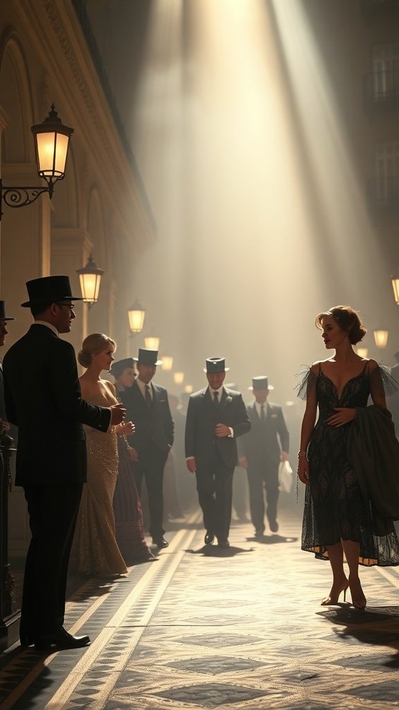 A glamorous 1920s scene with elegantly dressed individuals in a well-lit setting.