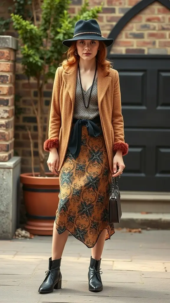 A woman in a vintage-inspired outfit featuring a brown coat, patterned dress, and wide-brimmed hat, standing in an outdoor setting.