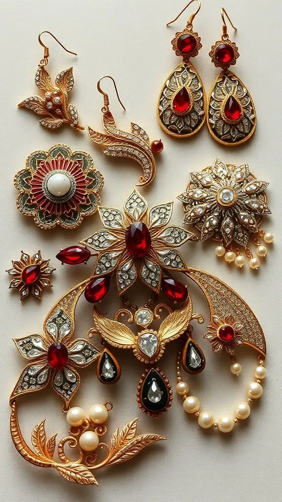 A collection of vintage costume jewelry featuring intricate designs and vibrant colors, showcasing the essence of 1920s fashion.