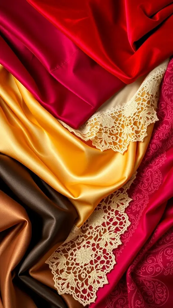 An assortment of luxurious vintage fabrics in red, yellow, brown, and lace detailing.