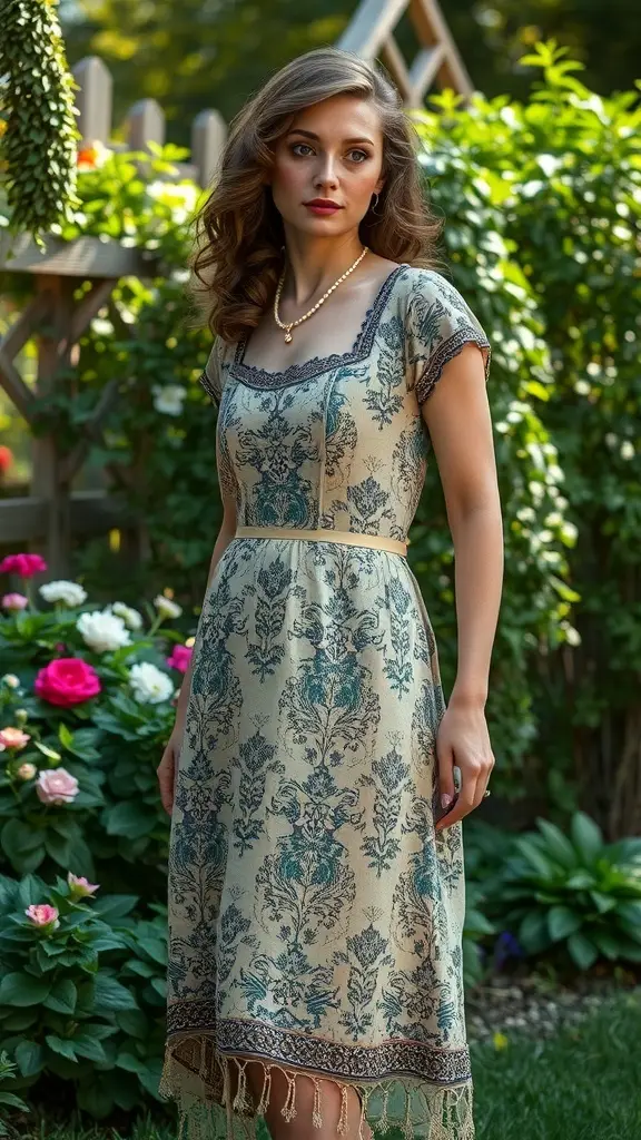 A vintage tea dress displayed in a garden, featuring lace details and a soft color.