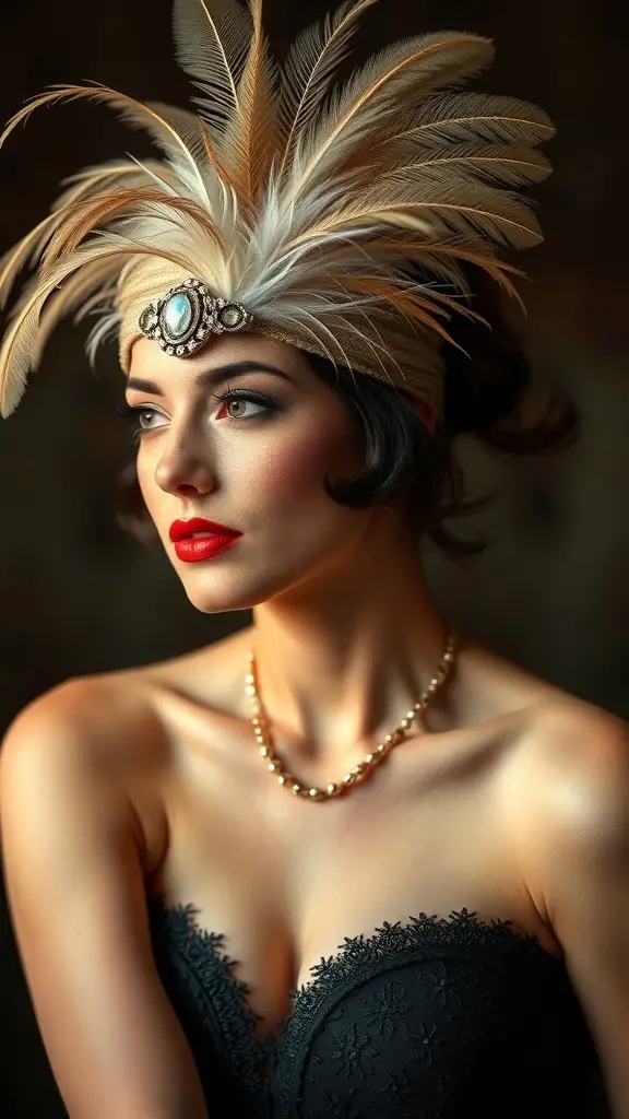Models showcasing vibrant feathered accessories in 1920s fashion.