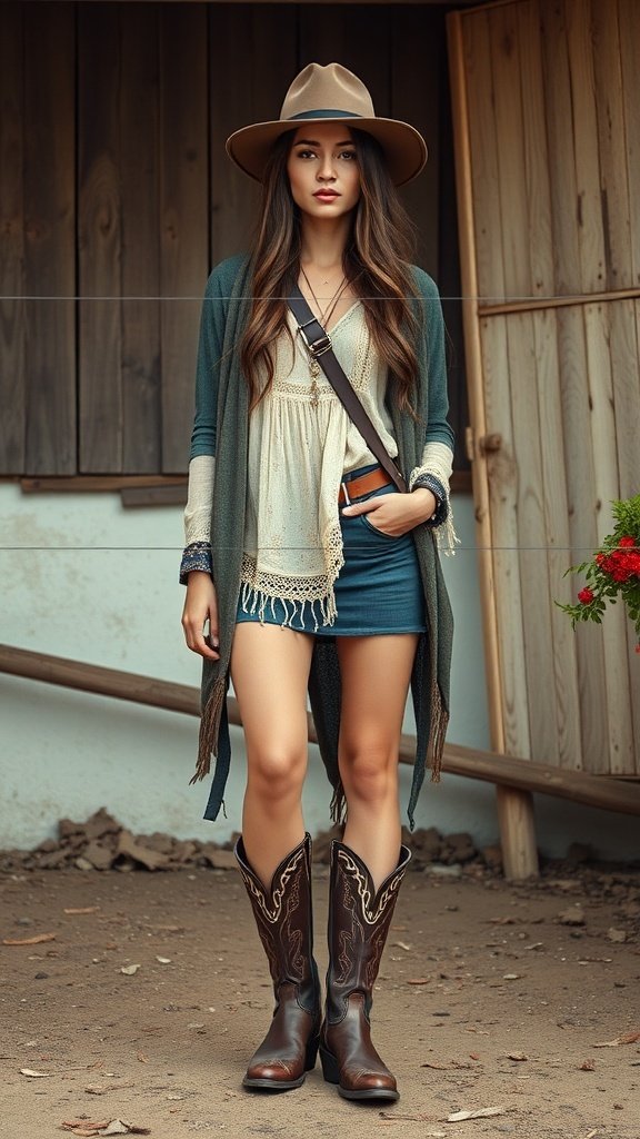 A woman in a boho outfit featuring a flowy top, denim skirt, and stylish Boho boots, complemented by a wide-brimmed hat.