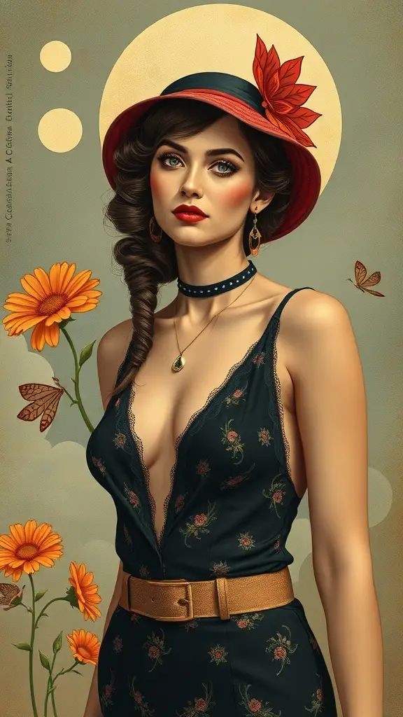 A woman in 1920s fashion stands amidst flowers and butterflies, with a vintage street lamp in the background.