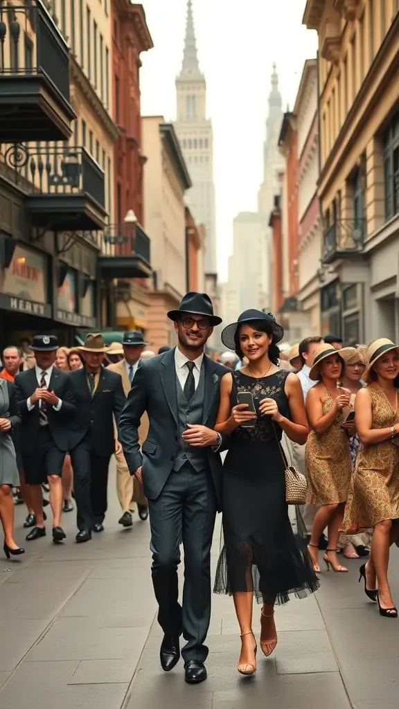 A bustling street scene from the 1920s with people dressed in vintage fashion, featuring the Empire State Building in the background.