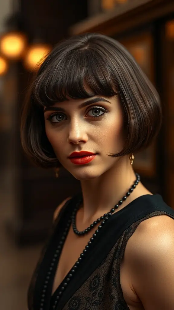 A woman with a bob hairstyle, wearing bold makeup and a stylish outfit, embodying 1920s fashion.