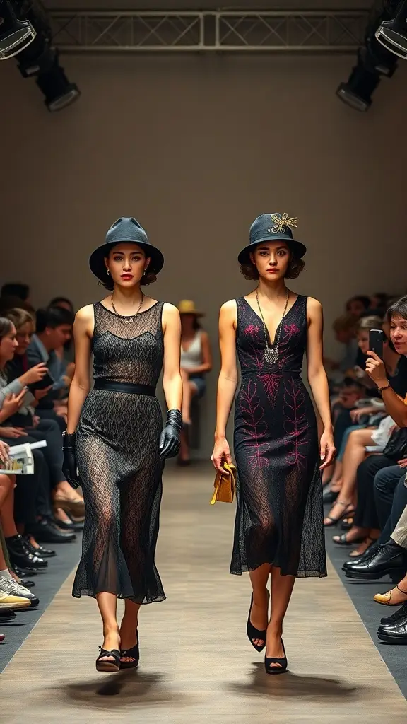 Two models walking down a runway in vintage-inspired fashion, showcasing 1920s style dresses.